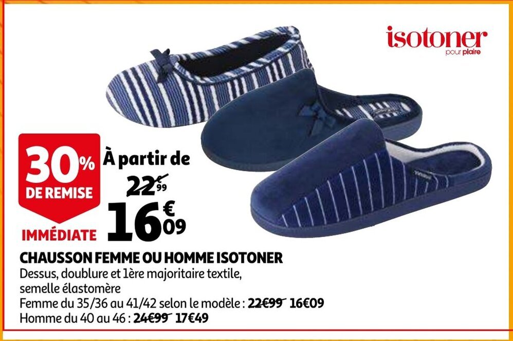 Chausson femme ou homme isotoner a partir promotie bij Auchan