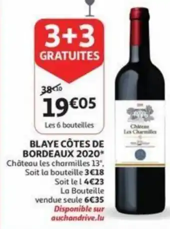 Auchan Blaye Cotes de Bordeaux 2020 Chateau les charmilles 13% aanbieding