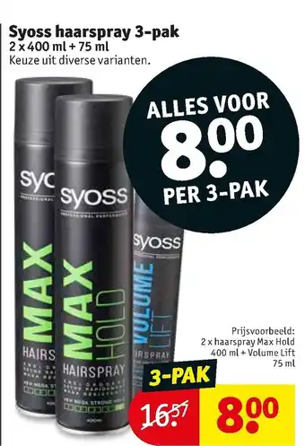 Kruidvat Syoss Haarspray 3-pak 2 x 400 ml + 75 ml aanbieding
