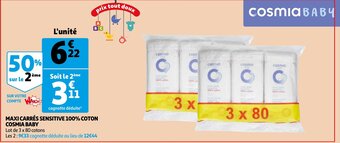 Auchan Maxi Carres Sensitive 100% Coton Cosmia Baby aanbieding