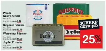 Sligro Peroni nastro azzurro, gulpener pilsenr warsteiner pilsener, jupiler pilsener aanbieding