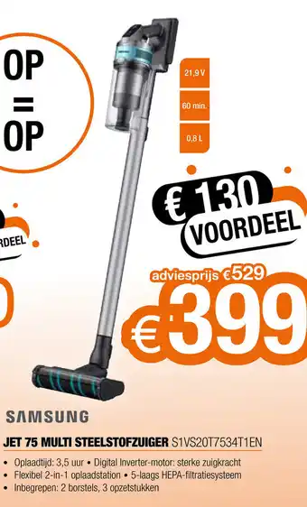 Expert Samsung jet 75 multi steelstofzuiger S1VS20T7534T1EN aanbieding