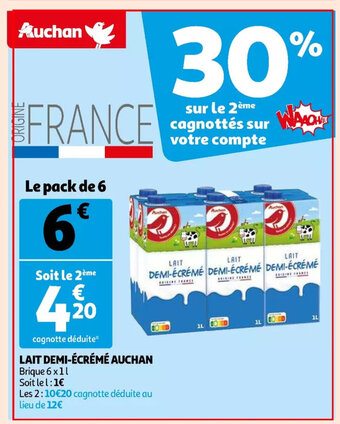 Auchan Lait demi-ecreme 6 x 1 L aanbieding