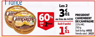 Auchan President camembert de campagne 250 g aanbieding