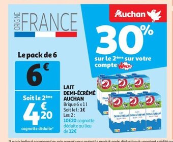 Auchan Lait demi-ecreme 6 x 1 l aanbieding