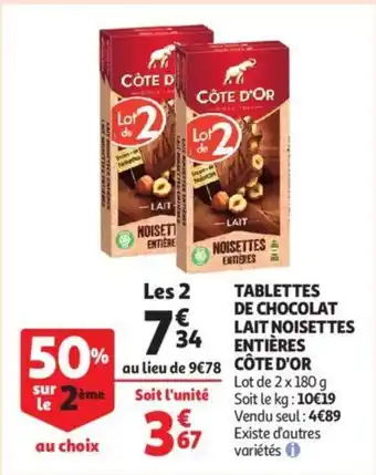 Auchan Tablettes de chocolat lait noisettes entieres cote d'or aanbieding