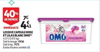 Auchan Lessive capsule rose et lilas blanc omo aanbieding