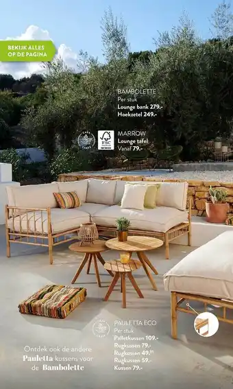 Casa Bambolette lounge bank, bambolette hoekzetel, marrow lounge tafel, pauletta eco palletkussen, pauletta eco rugkussen, paulett aanbieding