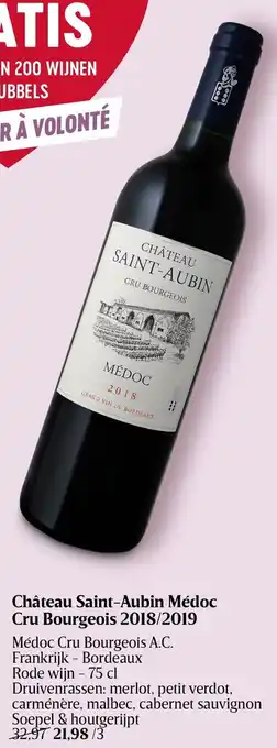 Delhaize Château Saint-Aubin Mèdoc Cru Bourgeois 2018/2019 Rode Wijn 75cl aanbieding