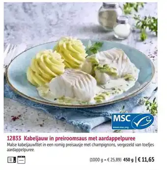 Kabeljauw in preiroomsaus met aardappelpuree