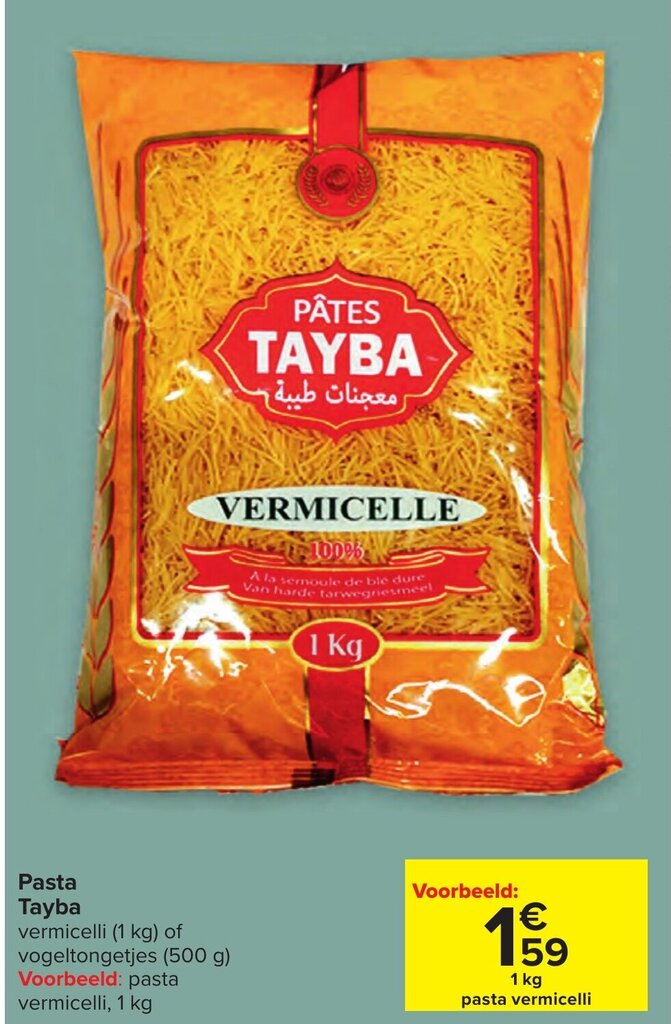 Tayba Pasta Vermicelli (1kg) of Vogeltongetjes (500g) promotie bij