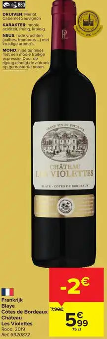 Carrefour Market Château Les Violettes Côtes de Bordeaux Blaye Rood 2019 75cl aanbieding
