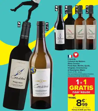 Carrefour Market Alma Cersius Coteaux De Beziers Pinot Noir , Merlot , Syrah, Viognier , Chardonnay of Sauvignon Blanc Rood of Wit 2022 75cl aanbieding