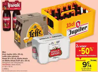 Carrefour Market Bier Krat Jupiler (24 x 33cl), Leffe , Kwak (4 x 33cl) , Stella Artois en Stella Artois 0.0% (6 x 33cl) aanbieding