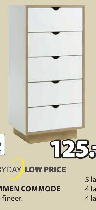 Jysk Mammen commode 5 lades smal B49 x H104 x D38 cm aanbieding