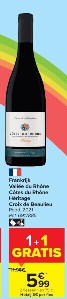 Carrefour Frankrijk vallée du rhône côtes du rhône héritage croix de beaulieu aanbieding