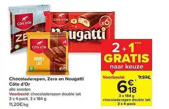 Carrefour Chocoladerepen, zero en nougatti côte d'or aanbieding