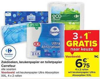 Carrefour Zakdoeken, keukenpapier en toiletpapier aanbieding