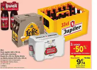 Carrefour Bier krat jupiler, leffe, kwak, stella artois en stella artois 0,0% aanbieding
