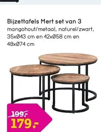 Leen Bakker Bijzettafels mert set van 3 mangohout/metaal, naturel/zwart, 35xø43 cm en 42xø58 cm en 48xø74 cm aanbieding