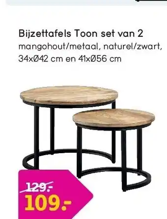 Leen Bakker Bijzettafels toon set van 2 mangohout/metaal, naturel/zwart, 34xø42 cm en 41xø56 cm aanbieding