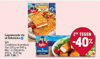 Delhaize Gepaneerde vis of fishsticks iglo aanbieding