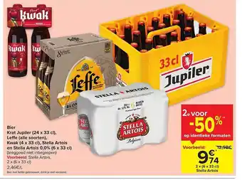 Hyper Carrefour Bier krat jupiler, leffe, kwak, stella artois en stella artois 0,0% aanbieding