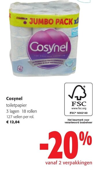 Colruyt Cosynel Toiletpapier 3 Lagen 18 Rollen aanbieding