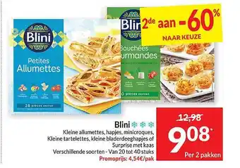 Intermarché Blini kleine allumettes, hapjes, minicroques, kleine tartelettes, kleine bladerdeeghapjes of surprise met kaas aanbieding