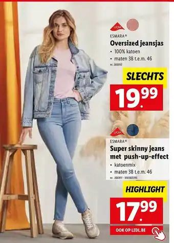 Lidl Esmara super skinny jeans met pushupeffect, oversized jeansjas aanbieding