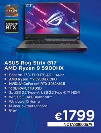 CompuDeals Asus Rog Strix G17 AMD Ryzen 9 5900HX aanbieding
