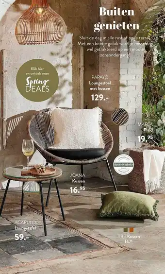 Casa Acapulco loungetafel, joana kussen, tibe kussen, papayo loungestoel met kussen, marta plaid aanbieding
