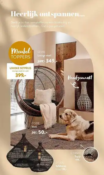 Cozie lounge stoel, lounge stoel en voet, zalou tafellamp, ethnic tapijt, cozie voet