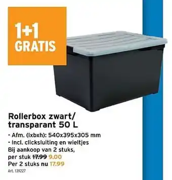 GAMMA Rollerbox zwart- transparant 50 L aanbieding