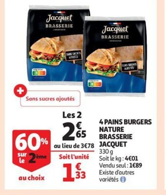 Auchan Jacquet 4 pains burgers nature brasserie 330 g aanbieding
