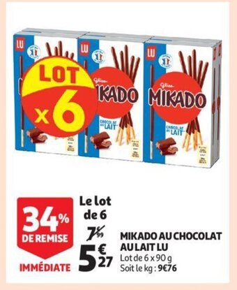 Auchan LU mikado au chocolat au lait, lot de 6 x 90 g aanbieding