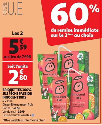 Auchan Briquettes 100% jus peche passion innocent kids 4 x 15cl les 2 aanbieding