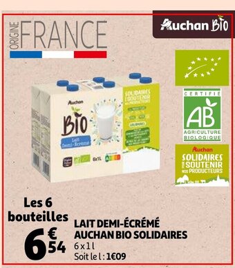 Auchan Lait demi-ecreme solidaires 6 x 1L aanbieding