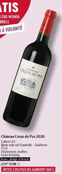 Delhaize Château croze de pys 2020 cahors a.c. rode wijn uit frankrijk - zuidwest 75 cl aanbieding