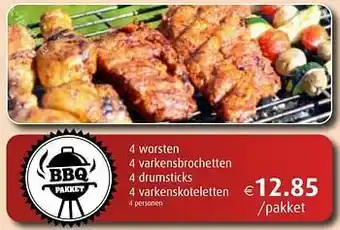 4 worsten 4 varkensbrochetten 4 drumsticks 4 varkenskoteletten