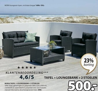 Mora tafel + loungebank + 2 stoelen