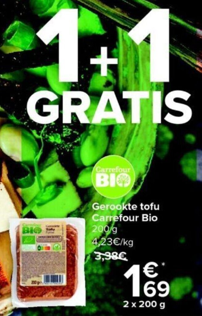 Gerookte tofu 2x200G 1+1 gratis promotie bij Carrefour