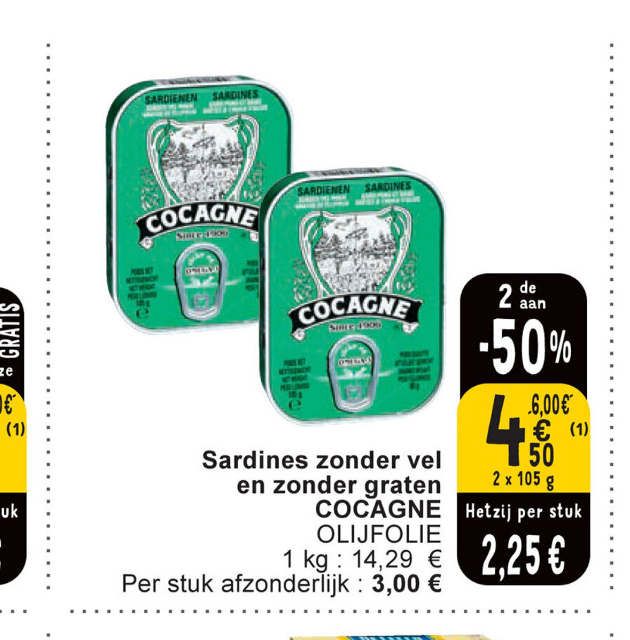 Cocagne sardines zonder vel en zonder graten 2 x 105 g promotie bij Cora