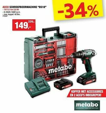 Hubo Metabo accu schroefboormachine bs18 aanbieding