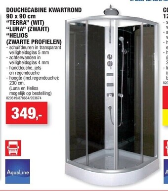 Hubo Douchecabine kwartrond 90 x 90 cm “terra” (wit) “luna” (zwart) “helios (zwarte profielen) aanbieding