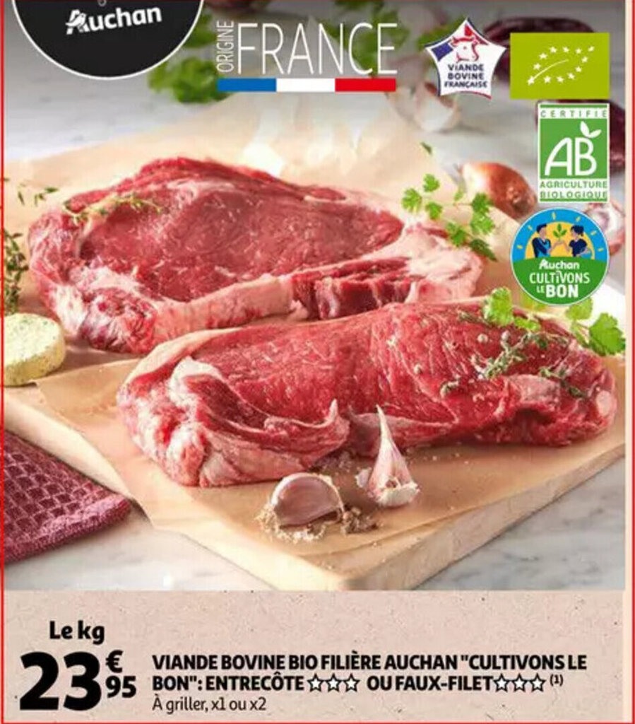 Viande bovine entrecote, ou fauxfilet le kg promotie bij Auchan