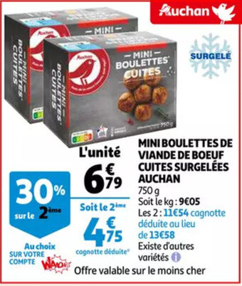 Auchan Mini boulettes de viande de boeuf cuites surgelees 750 g aanbieding