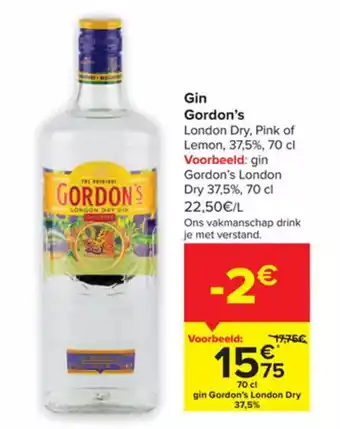 Carrefour Gordon's Gin London Dry, Pink of Lemon 37.5% 70cl aanbieding