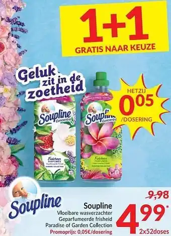 Intermarché Soupline vloeibare wasverzachter geparfumeerde frisheid paradise of garden collection aanbieding