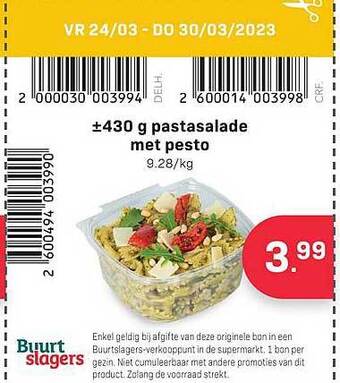 Buurtslagers Pastasalade met pesto aanbieding